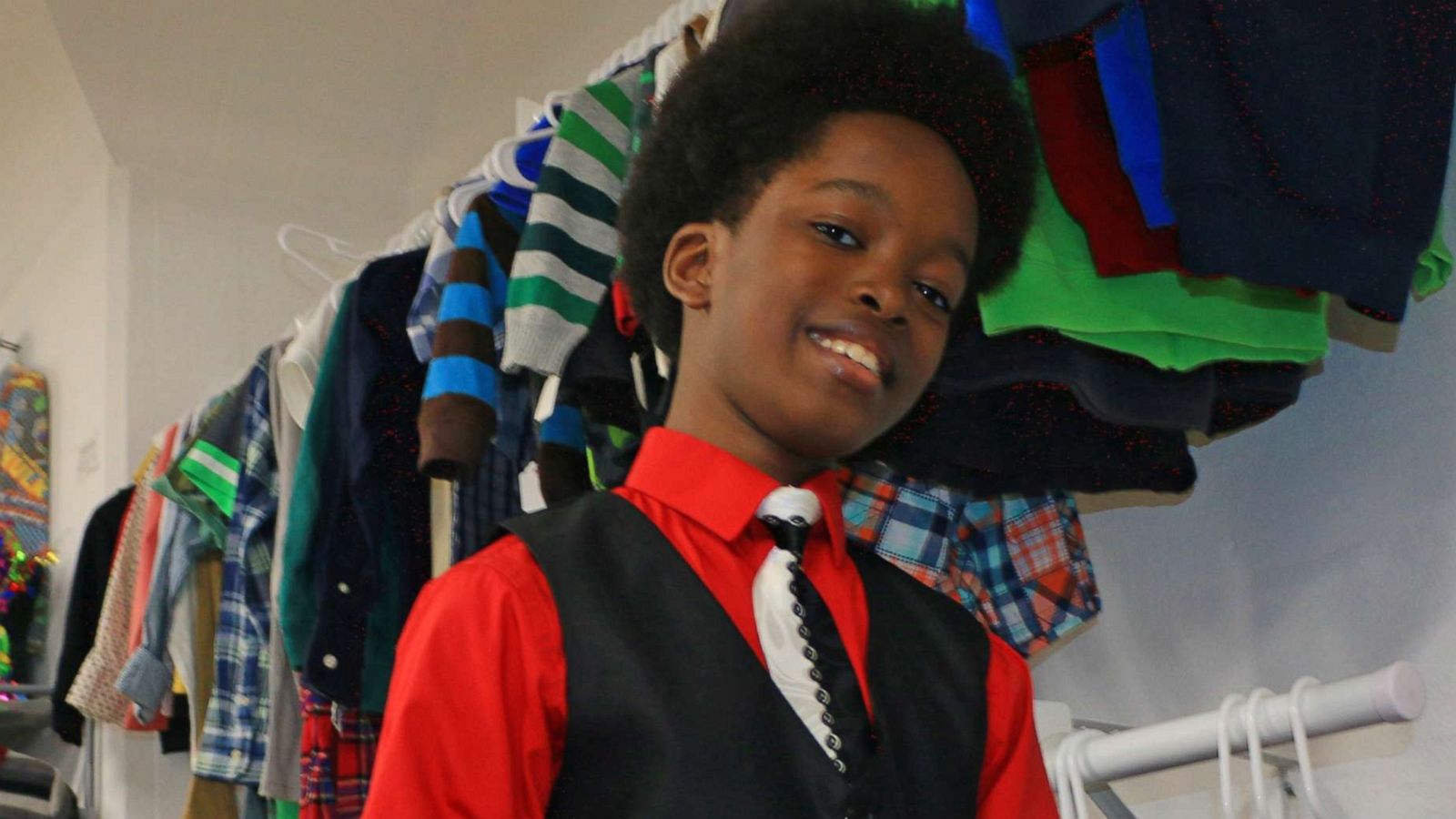 PHOTO: Obocho Peters, an 11-year-old entrepreneur, smiles at his thrift shop located in the Brooklyn borough of New York, Feb. 17, 2020.