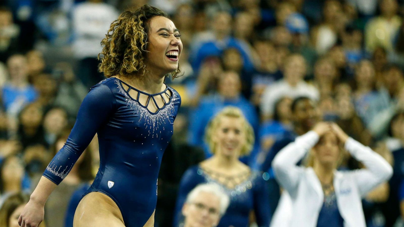 PHOTO: Katelyn Ohashi of UCLA competes in the floor exercise during a meet against Stanford at Pauley Pavilion, March 10, 2019, in Los Angeles.