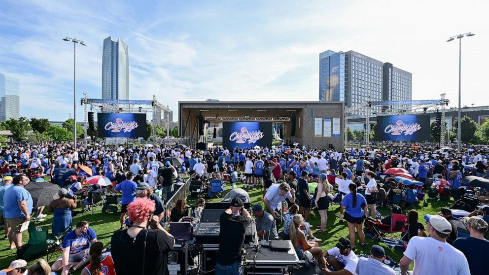 PHOTO: Fans arrive at Scissortail Park ahead of the Oklahoma City Thunder Championship parade & rally on June 24, 2025 in Oklahoma City, Oklahoma.