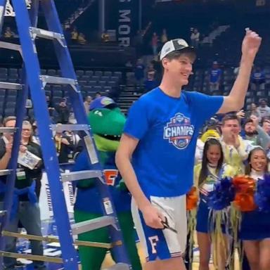 PHOTO: University of Florida player Olivier Rioux is seen cutting the net after the team's SEC Championship win in a video shared online by SEC Network.