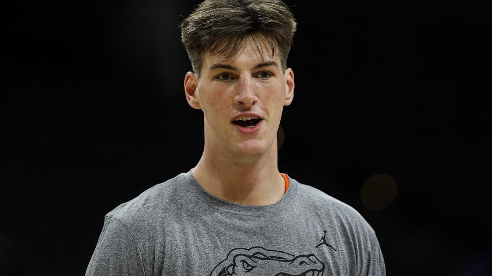 PHOTO: Olivier Rioux of the Florida Gators looks on before the start of a game against the South Florida Bulls at VyStar Veterans Memorial Arena, Nov. 4, 2024, in Jacksonville, Fla.