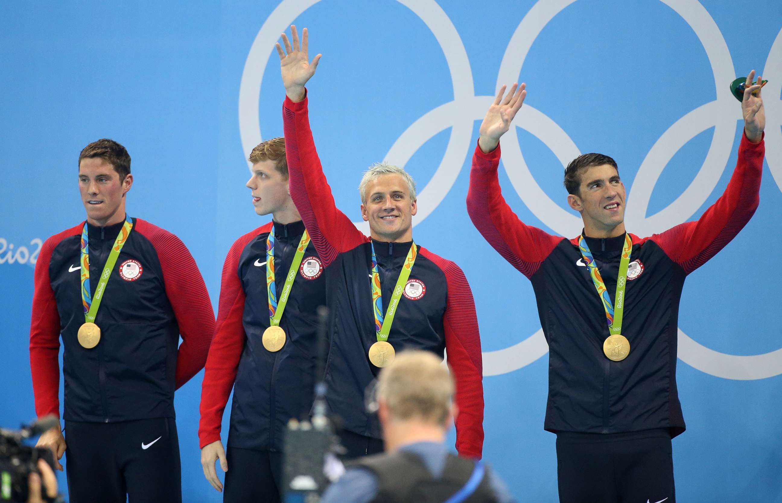 PHOTO: Team USA celebrates winning the gold medal during the medal ceremony of the men's 200m freestyle relay at Olympic Aquatics Stadium on Aug. 9, 2016 in Rio de Janeiro, Brazil.