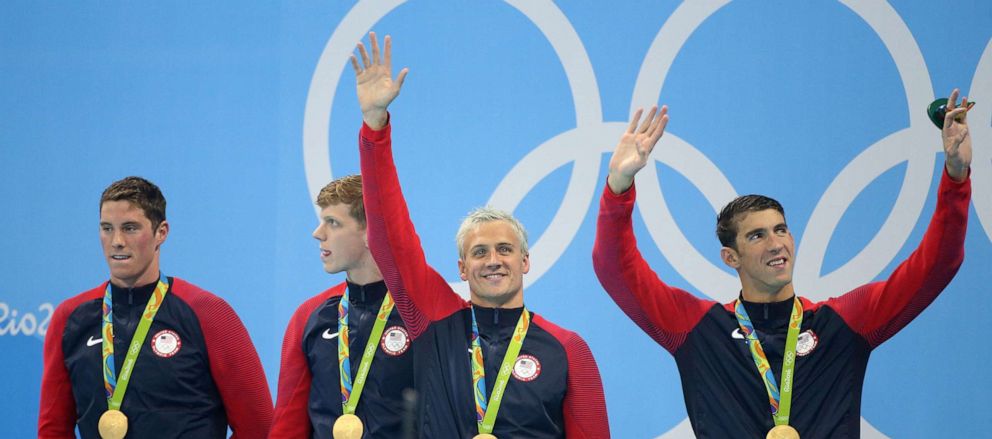 PHOTO: Team USA celebrates winning the gold medal during the medal ceremony of the men's 200m freestyle relay at Olympic Aquatics Stadium on Aug. 9, 2016 in Rio de Janeiro, Brazil.
