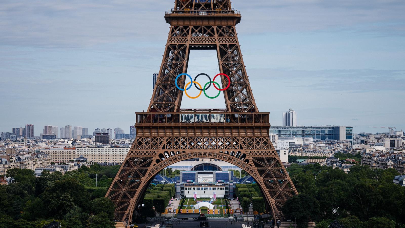 PHOTO: This photograph shows the Olympic Rings on the Eiffel Tower ahead of the traditional fireworks marking the annual Bastille Day in Paris, on July 14, 2024.