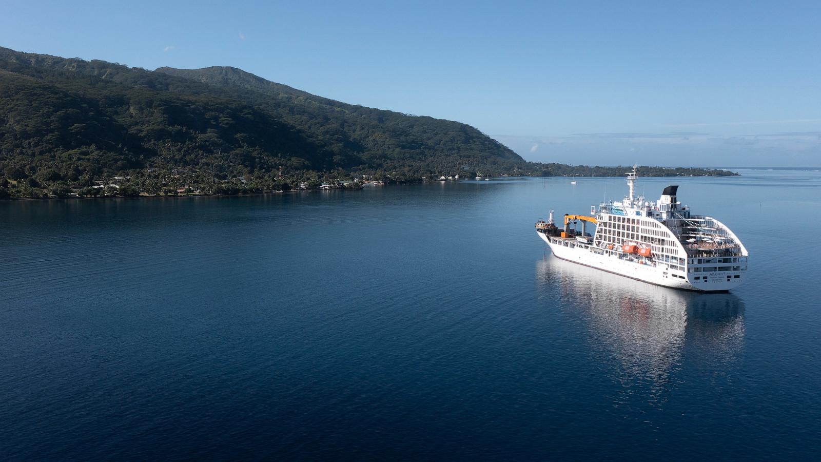 PHOTO: A general view of the Aranui 5 cruise ship that some athletes competing in the Olympic Surfing will be living on during the competition window for the Olympic Games Paris 2024 on July 25, 2024 in Teahupo'o, French Polynesia.