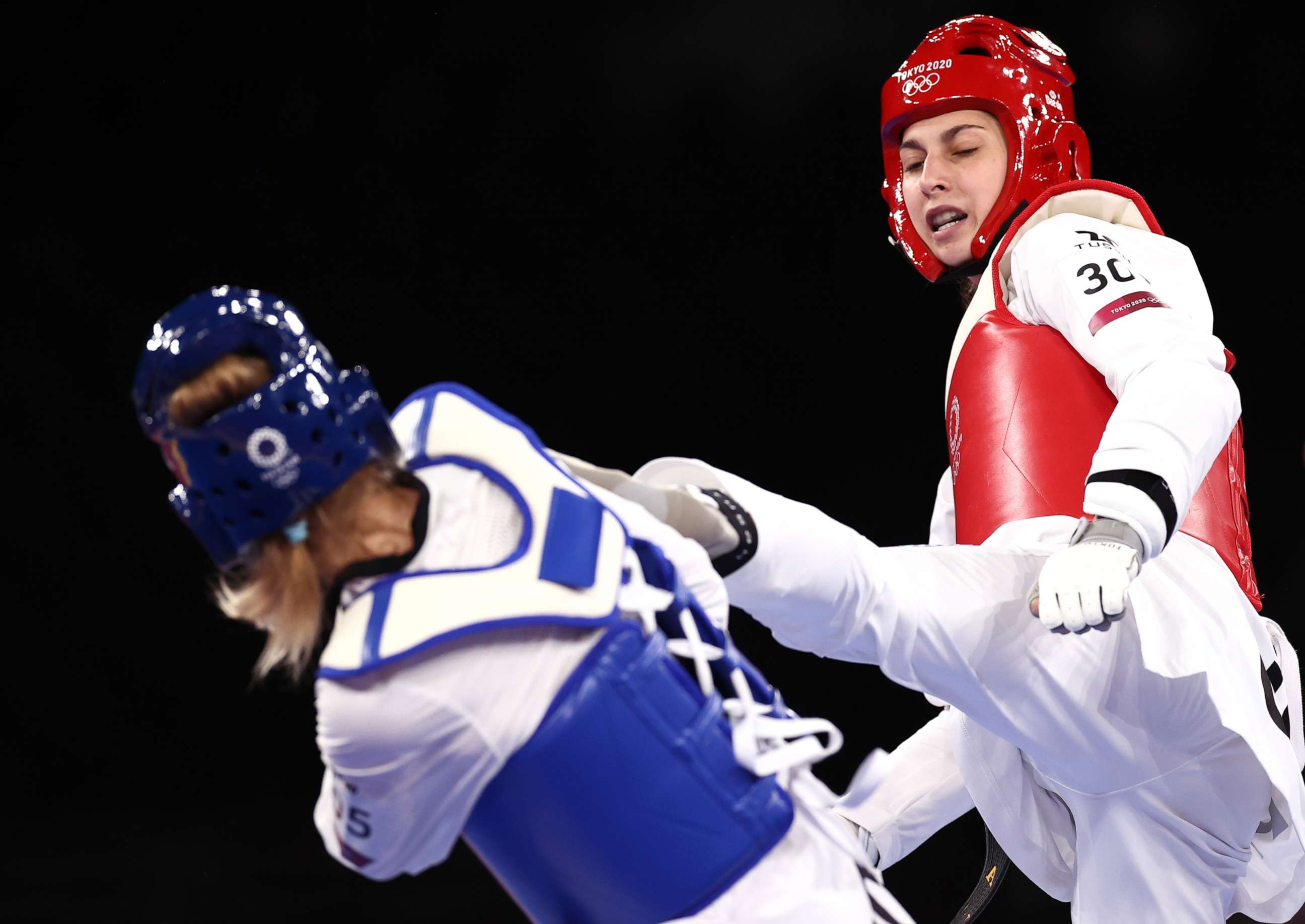 PHOTO: Anastasija Zolotic, right, competes defeats Tatiana Minina of the Russian Olympic Committee in the Women's -57kg Taekwondo gold medal bout at the Tokyo 2020 Olympic Games at on July 25, 2021 in Chiba, Japan.