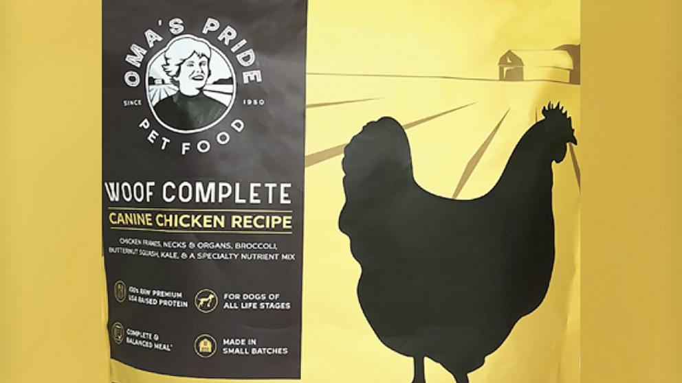 PHOTO: Oma's Pride of Avon, Connecticut, is voluntarily recalling one lot of Woof Complete Canine Chicken Recipe, 6 lb bag (Lot BB012729) because it is contaminated with Salmonella.
