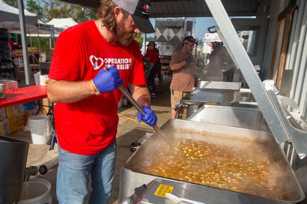 PHOTO: Volunteers work for Operation BBQ Relief in Hammond, La., to provide meals to families and first responders, Sept. 2, 2021.