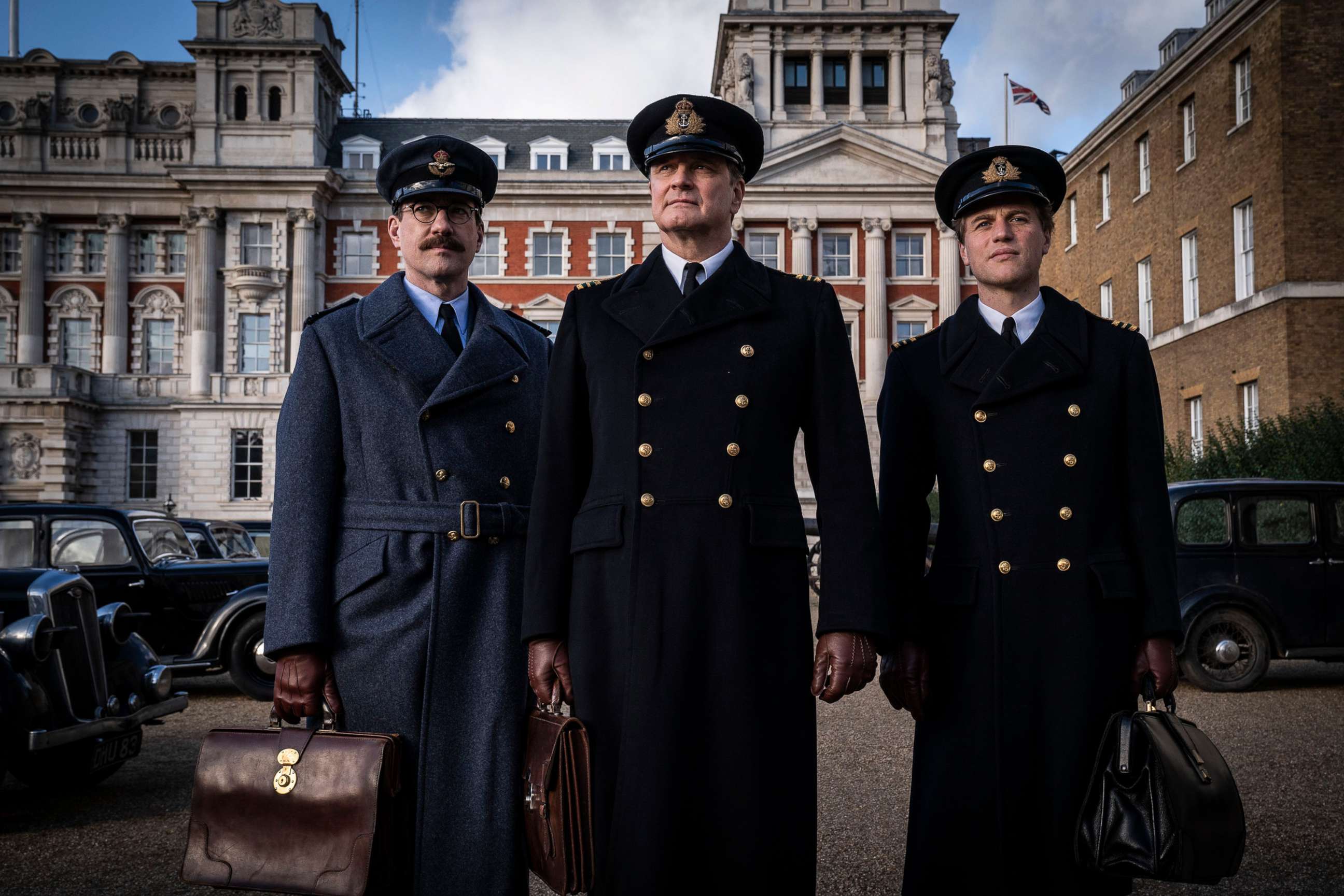 PHOTO: Matthew Macfadyen as Charles Cholmondeley, Colin Firth as Ewen Montagu and Johnny Flynn as Ian Fleming in a scene from "Operation Mincemeat."