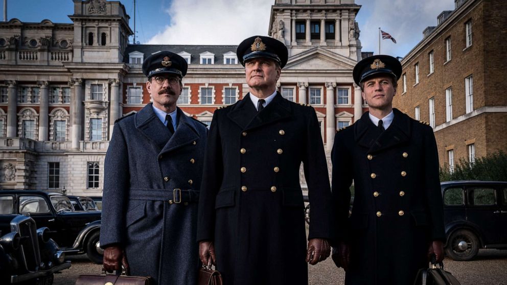 PHOTO: Matthew Macfadyen as Charles Cholmondeley, Colin Firth as Ewen Montagu and Johnny Flynn as Ian Fleming in a scene from "Operation Mincemeat."