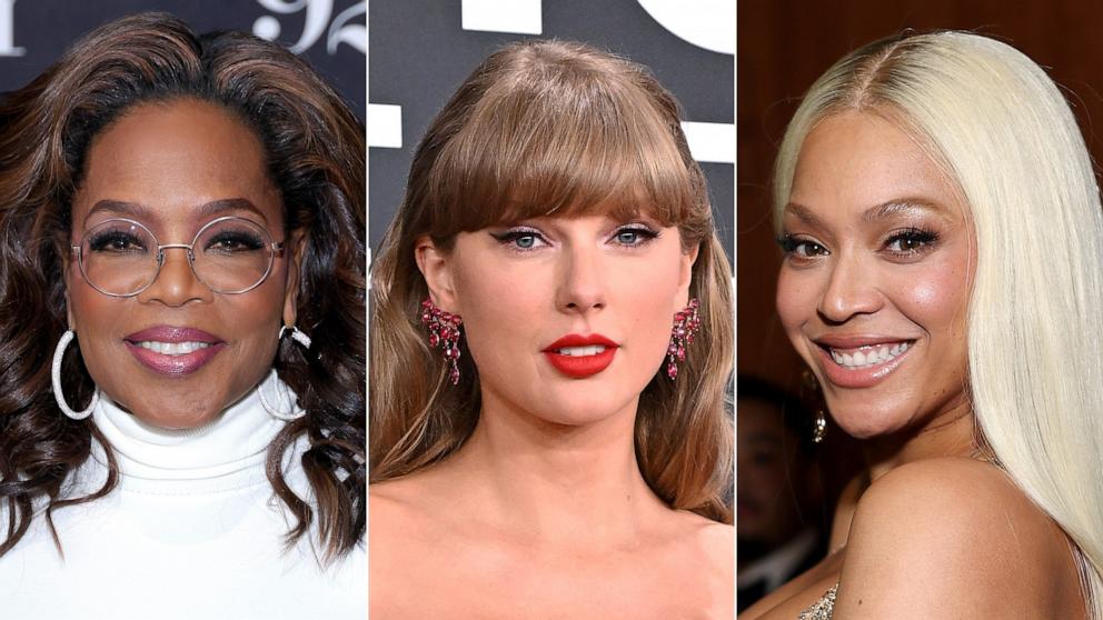 PHOTO: Oprah Winfrey attends an event on Jan. 13, 2026, in New York. | Taylor Swift arrives for the 67th Annual Grammy Awards in Los Angeles, Feb. 2, 2025. | Beyoncé attends the 67th Annual Grammy Awards on Feb. 2, 2025, in Los Angeles.