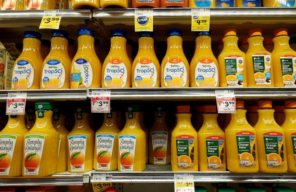 PHOTO: In this Jan. 19, 2023, file photo, containers of orange juice are on display in a grocery store in Miami, Fla.