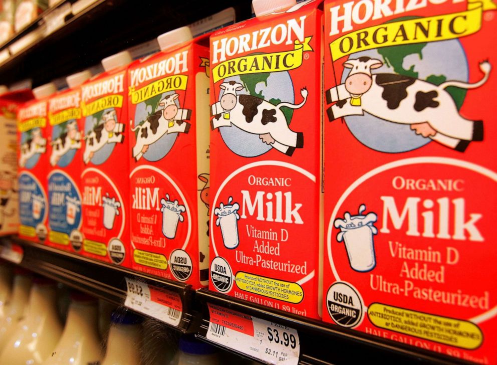 PHOTO: Cartons of organic milk sit on a cooler shelf in the Shop & Save Market grocery store in Des Plaines, Ill.