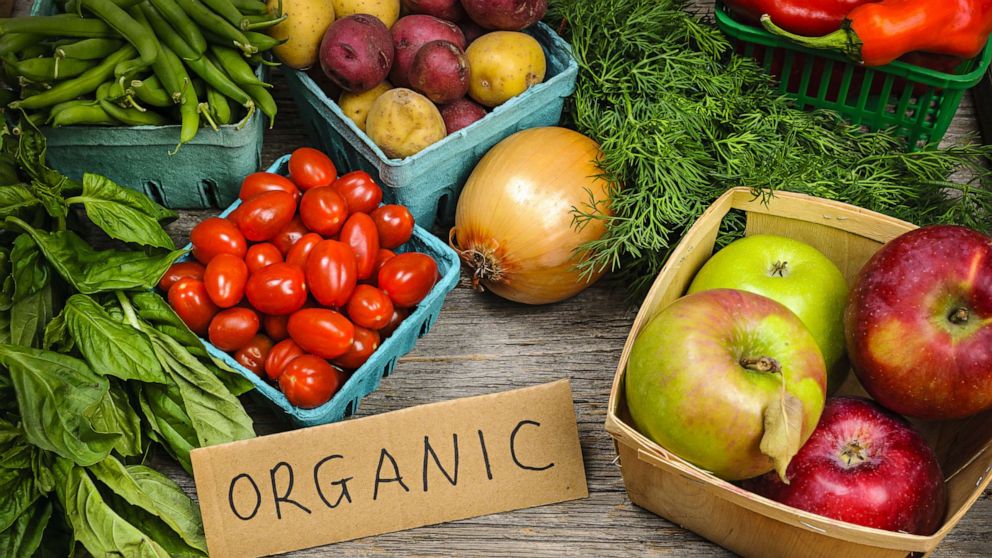 PHOTO: Fresh organic fruit and vegetables on display in a stock photo.