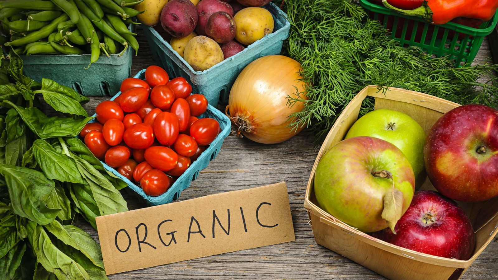 PHOTO: Fresh organic fruit and vegetables on display in a stock photo.