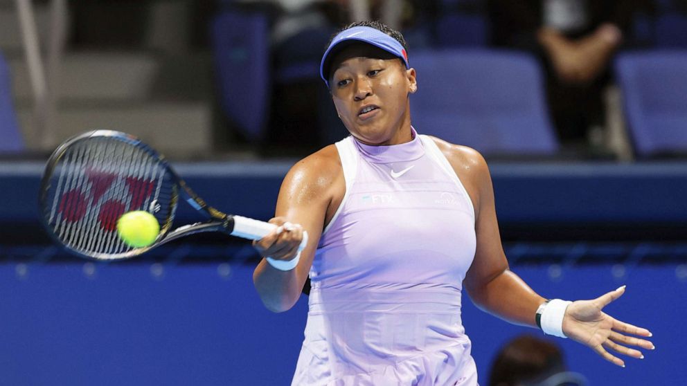 PHOTO: Japan's Naomi Osaka plays in the women's singles first round against Daria Saville of Australia at the Toray Pan Pacific Open tournament on Sept. 20, 2022, at Ariake Tennis Forest Park in Tokyo.