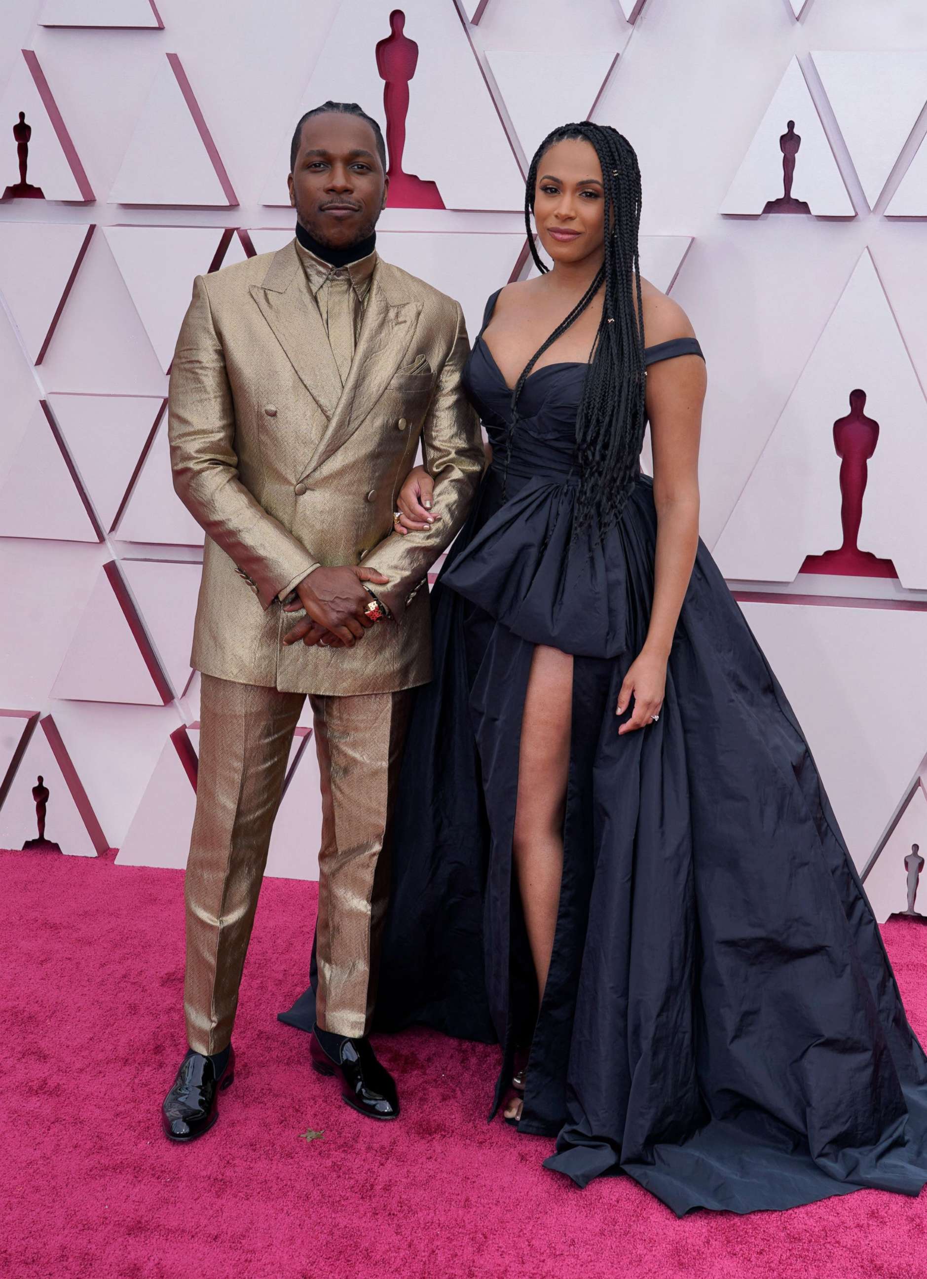 PHOTO: Leslie Odom Jr. and Nicolette Robinson arrive at the Oscars, April 25, 2021, at Union Station in Los Angeles. 