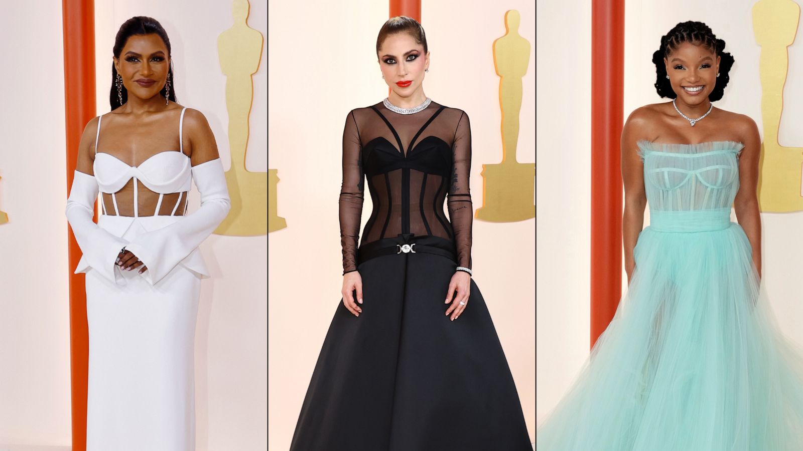 PHOTO: From left, Mindy Kaling, Lady Gaga and Halle Bailey, in lingerie-inspired Oscar dresses, at the Academy Awards, March 12, 2023, in Los Angeles.