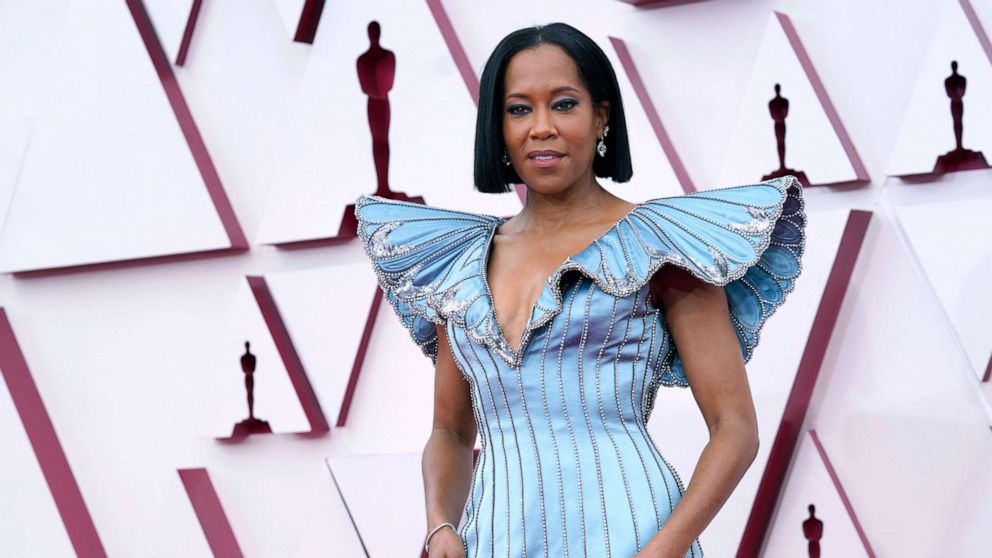 PHOTO: Regina King arrives at the Oscars, April 25, 2021, at Union Station in Los Angeles.
