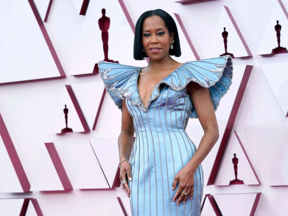 PHOTO: Regina King arrives at the Oscars, April 25, 2021, at Union Station in Los Angeles.