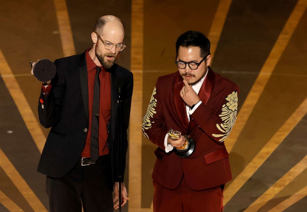 PHOTO: Daniel Scheinert and Dan Kwan accept the Best Director award for "Everything Everywhere All at Once" onstage during the 95th Annual Academy Awards at Dolby Theatre on March 12, 2023 in Hollywood, Calif.