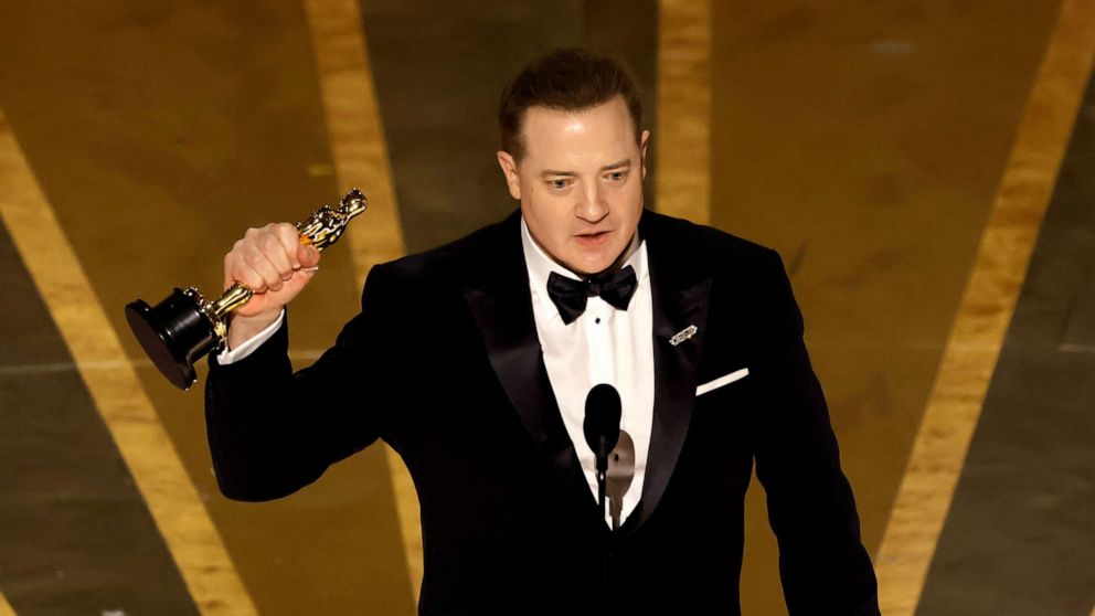 PHOTO: HOLLYWOOD, CALIFORNIA - MARCH 12: Brendan Fraser accepts the Best Actor award for "The Whale" onstage during the 95th Annual Academy Awards at Dolby Theatre on March 12, 2023 in Hollywood, California. (Photo by Kevin Winter/Getty Images)