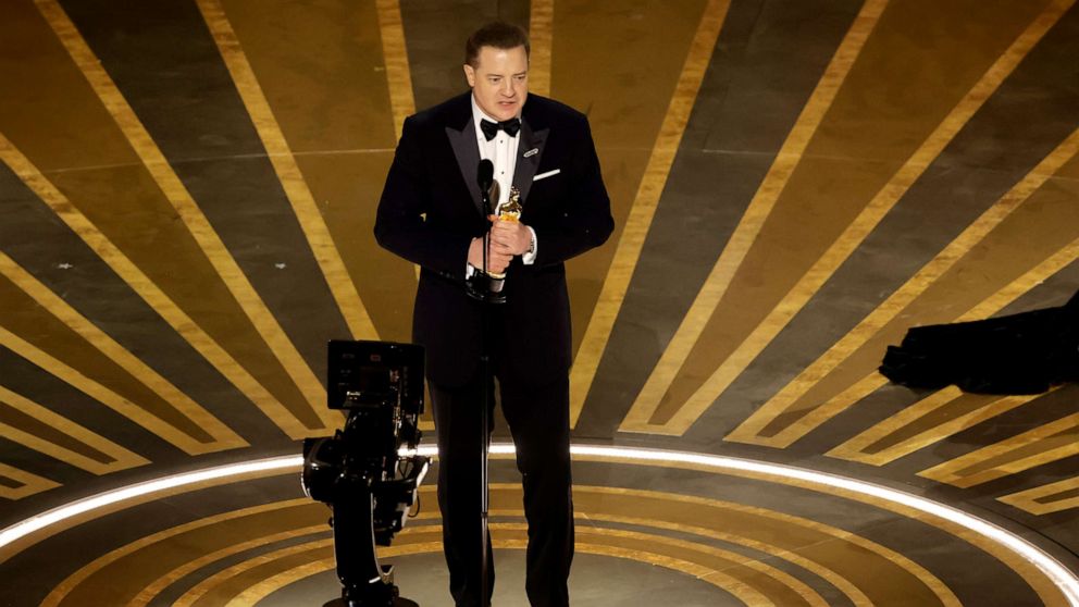 PHOTO: Brendan Fraser accepts the Best Actor award for "The Whale" onstage during the 95th Annual Academy Awards at Dolby Theatre on March 12, 2023 in Hollywood, California.