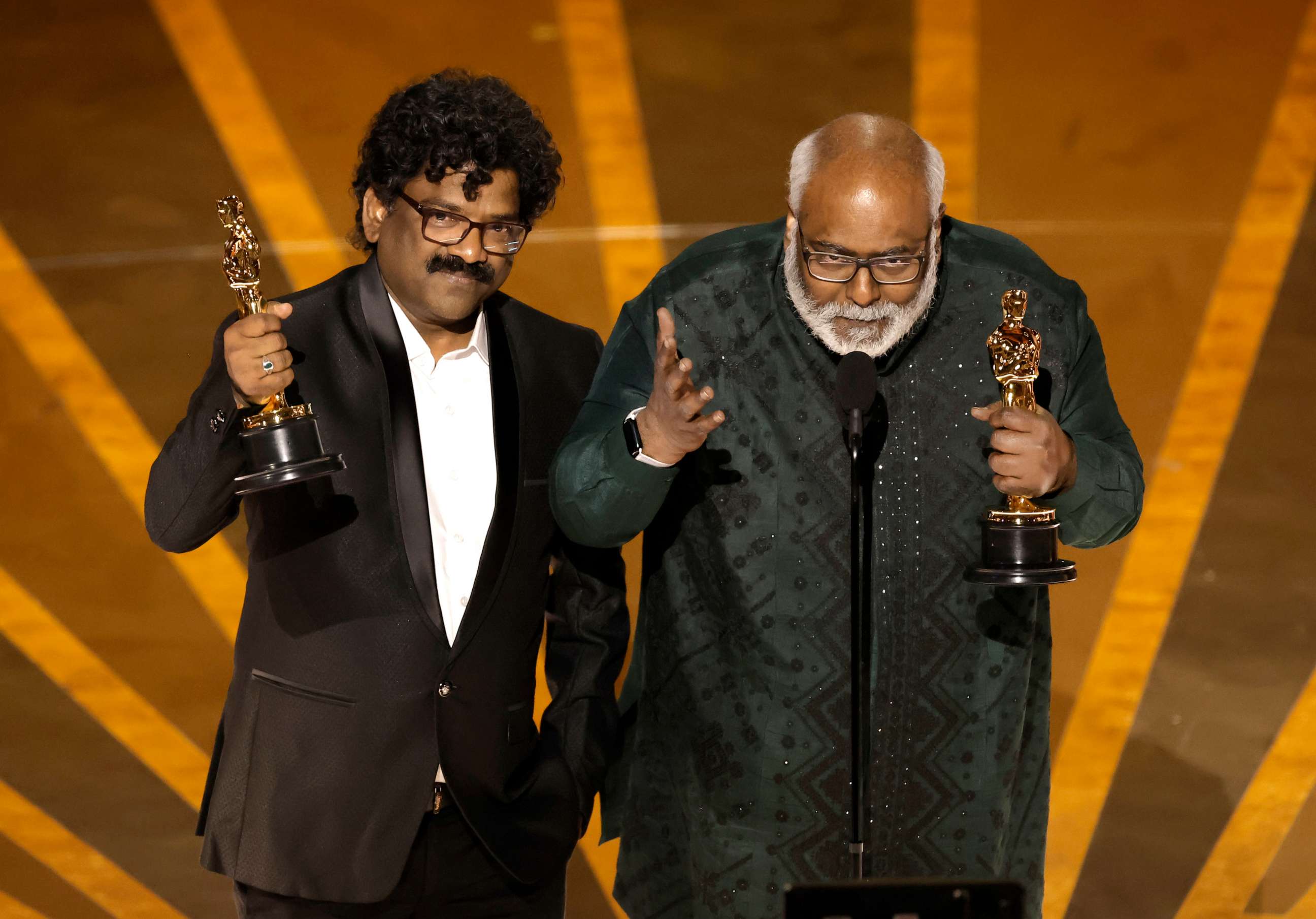 PHOTO: Chandrabose and M. M. Keeravani accept the Best Original Song award for 'Naatu Naatu' from "RRR" onstage during the 95th Annual Academy Awards at Dolby Theatre on March 12, 2023 in Hollywood, California.