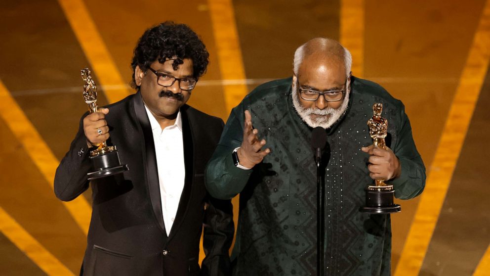 PHOTO: Chandrabose and M. M. Keeravani accept the Best Original Song award for 'Naatu Naatu' from "RRR" onstage during the 95th Annual Academy Awards at Dolby Theatre on March 12, 2023 in Hollywood, California.