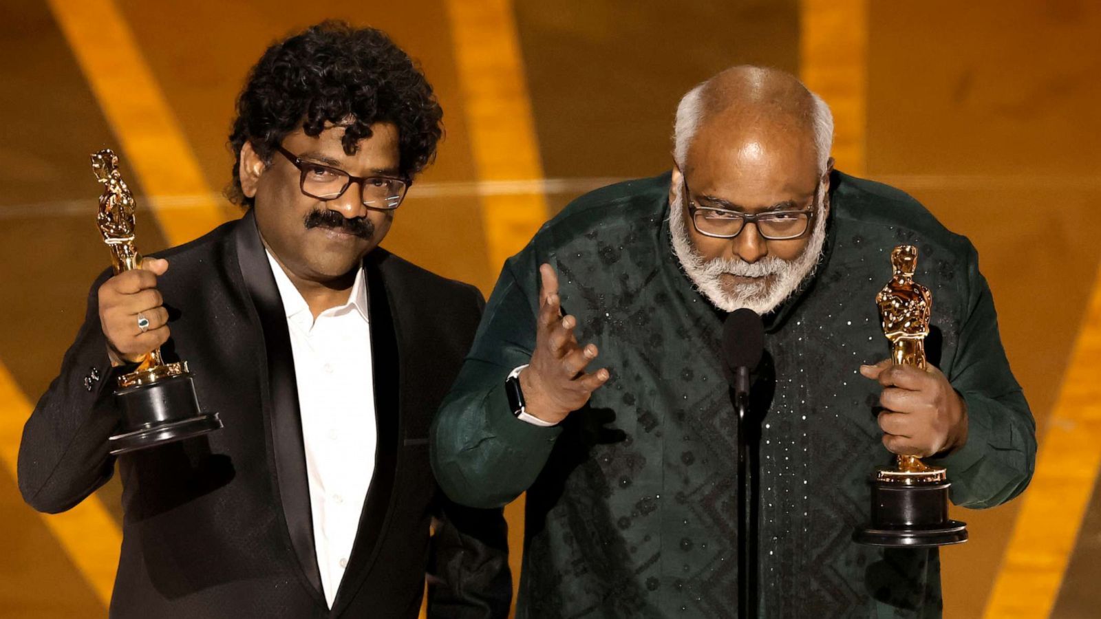 PHOTO: Chandrabose and M. M. Keeravani accept the Best Original Song award for 'Naatu Naatu' from "RRR" onstage during the 95th Annual Academy Awards at Dolby Theatre on March 12, 2023 in Hollywood, California.