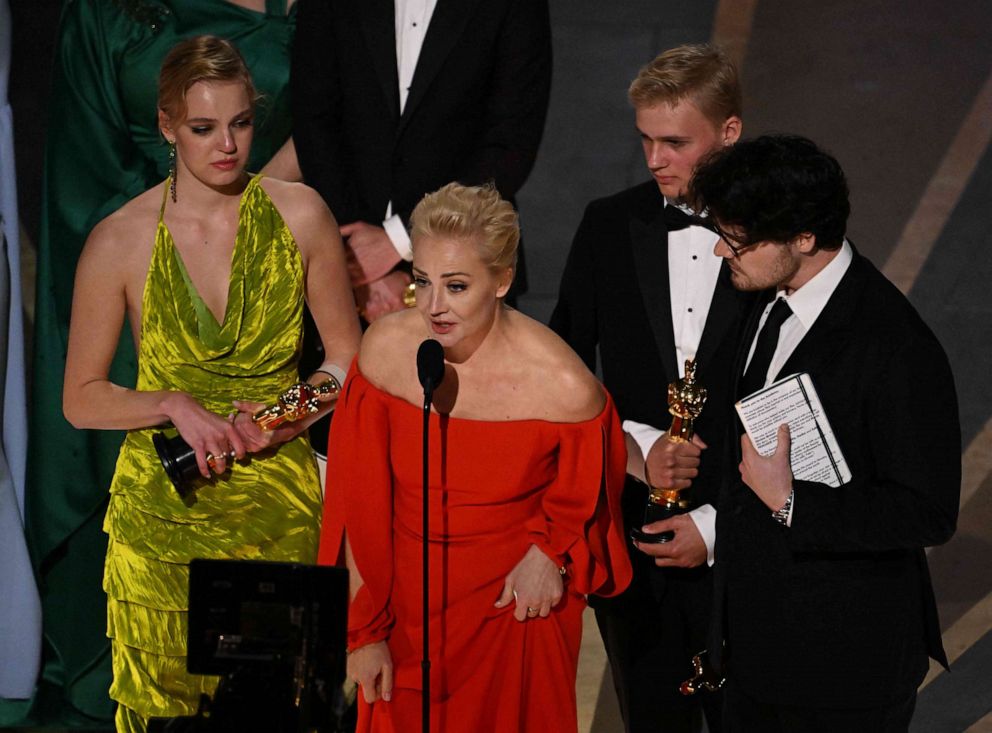 PHOTO: Canadian filmmaker Daniel Roher accepts the Oscar for Best documentary feature film for "Navalni" onstage during the 95th Annual Academy Awards at the Dolby Theatre in Hollywood, California on March 12, 2023.