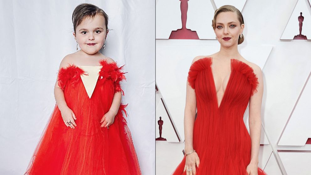 PHOTO: Haven Garza, 4, left, dressed like Amanda Seyfried from the 2021 Oscars, right, using a red tulle shirt and boa.
