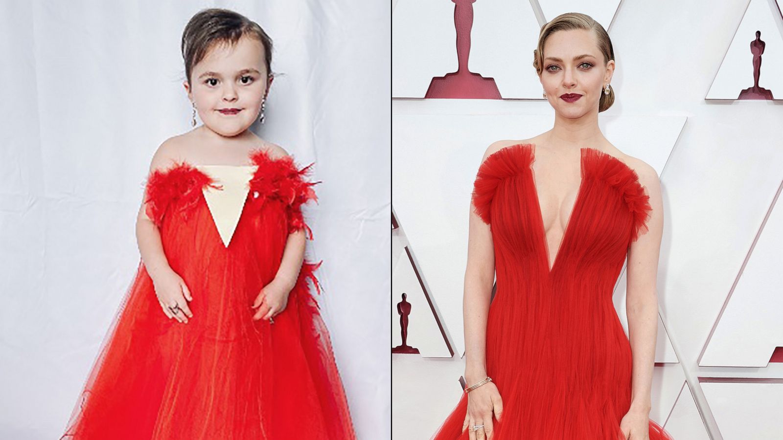 PHOTO: Haven Garza, 4, left, dressed like Amanda Seyfried from the 2021 Oscars, right, using a red tulle shirt and boa.