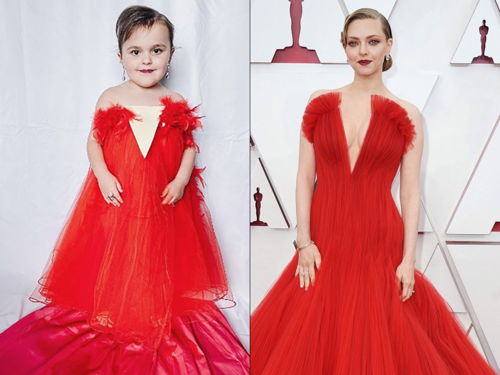 PHOTO: Haven Garza, 4, left, dressed like Amanda Seyfried from the 2021 Oscars, right, using a red tulle shirt and boa.