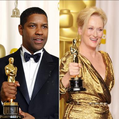 PHOTO: Walt Disney holds his four Oscars backstage at the Academy Awards, March 25, 1954. | Denzel Washington holds his Oscar at the Academy Awards, March 24, 2002. | Meryl street holds her Oscar at the Academy Awards, Feb. 26, 2012.