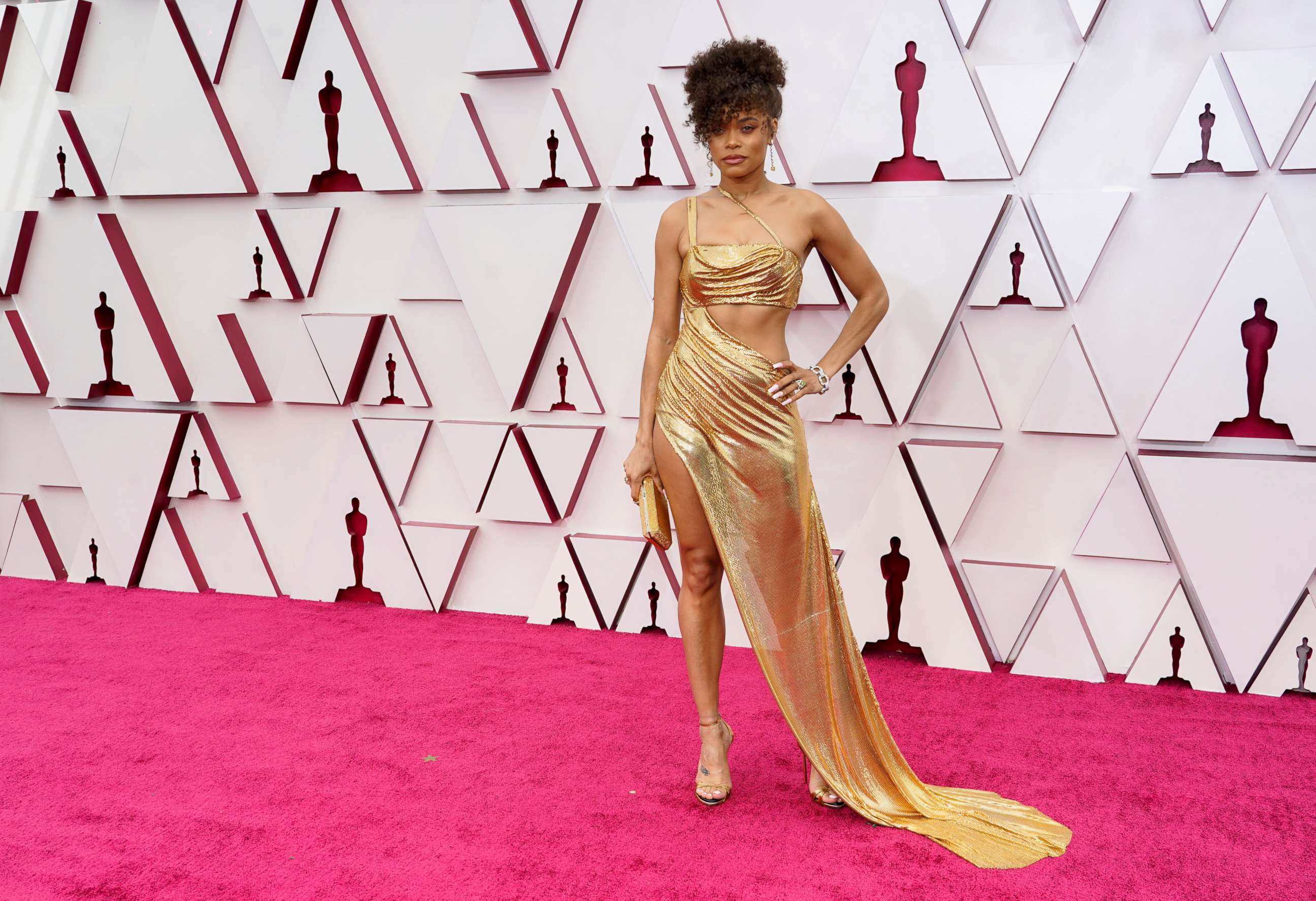 PHOTO: Andra Day arrives to the 93rd Academy Awards, at Union Station, in Los Angeles, April 25, 2021.