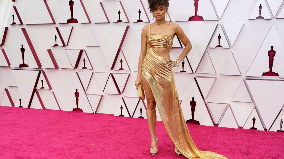 PHOTO: Andra Day arrives to the 93rd Academy Awards, at Union Station, in Los Angeles, April 25, 2021.