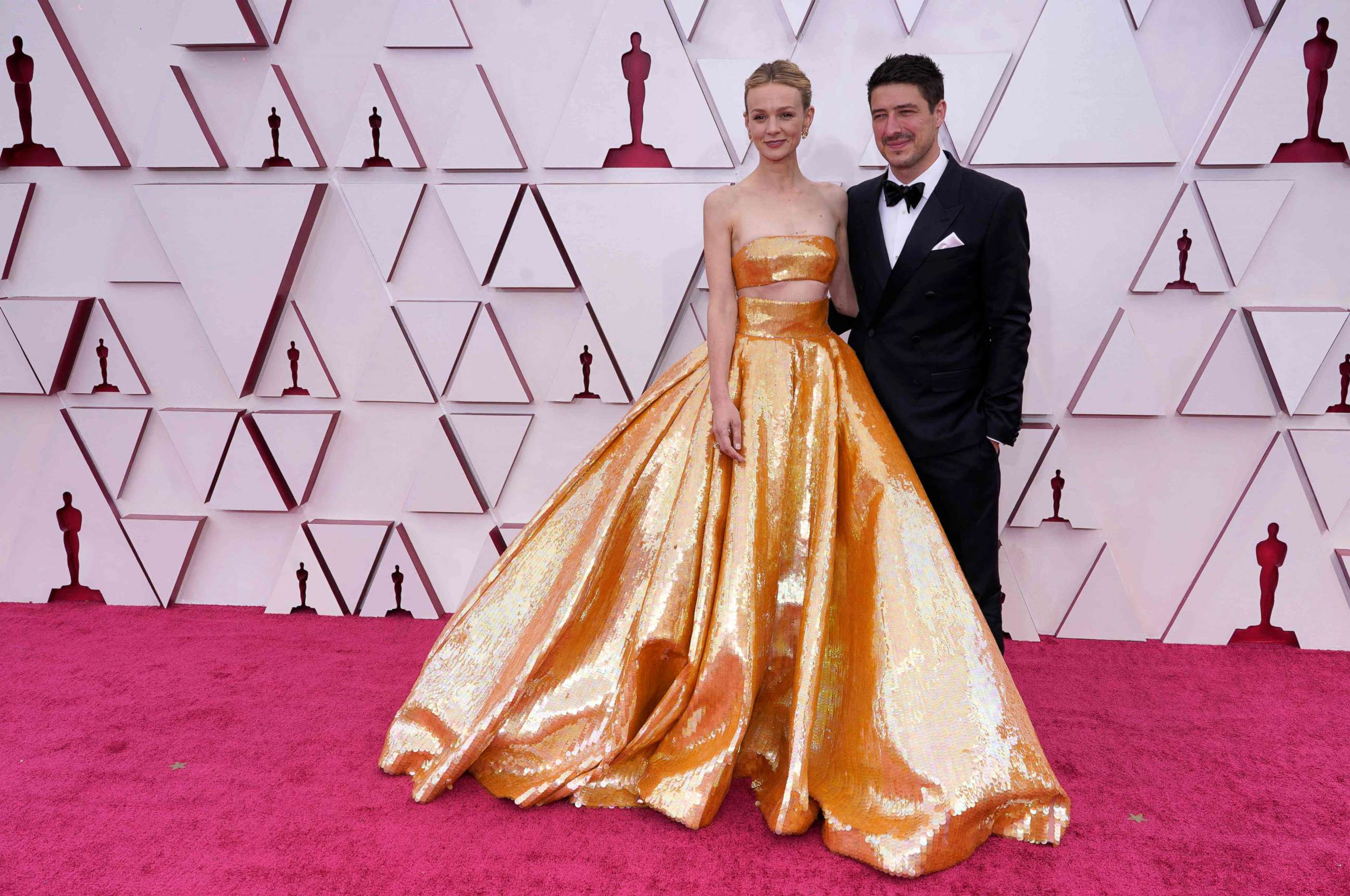 PHOTO: British actress Carey Mulligan and husband US-British musician Marcus Mumford  arrive to the 93rd Academy Awards, at Union Station, in Los Angeles, April 25, 2021.