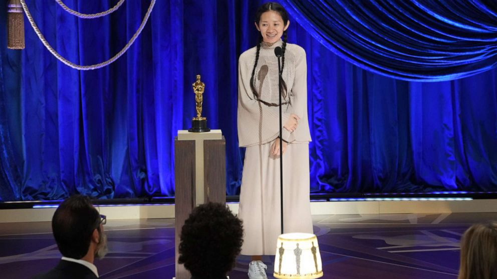 PHOTO: Movie director Chloe Zhao speaks after accepting the Oscar for Best Director for "Nomadland," April 25, 2021, in Los Angeles.