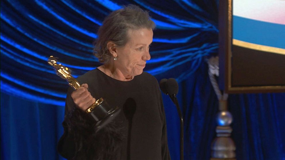 PHOTO: Actress Frances McDormand speaks after winning the Oscar for Best Actress in the movie "Nomadland," April 25, 2021, in Los Angeles.