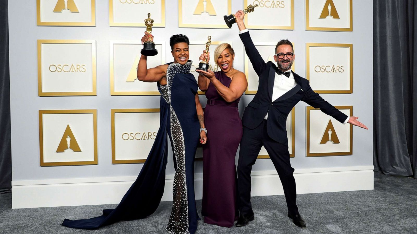 PHOTO: Mia Neal, Jamika Wilson and Sergio Lopez-Rivera, winners of the award for Best Makeup and Hairstyling for "Ma Rainey's Black Bottom" pose in the press room at the Oscars, in Los Angeles, April 25, 2021.