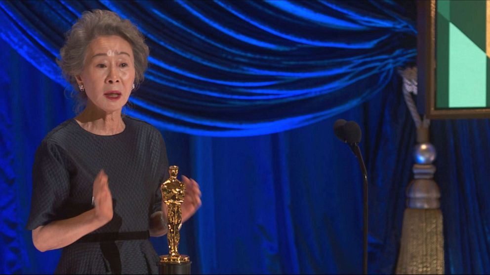 PHOTO: Yuh-Jung Youn speaks after accepting the Oscar for Actress in a Supporting Role in the movie "Minari," April 25, 2021, in Los Angeles.