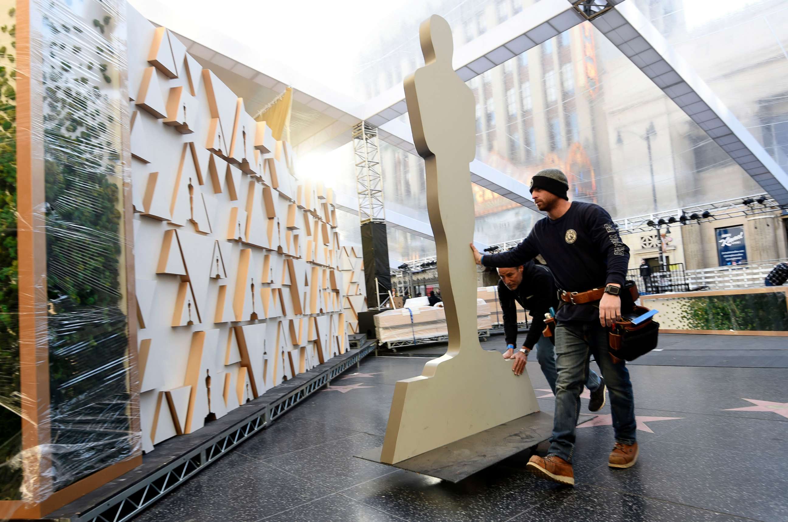 PHOTO: Crew workers transport Oscar decorations in preparation for Sunday's 92nd Academy Awards, Feb. 5, 2020, in Hollywood, Calif.