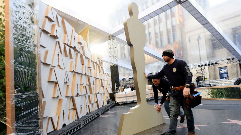 PHOTO: Crew workers transport Oscar decorations in preparation for Sunday's 92nd Academy Awards, Feb. 5, 2020, in Hollywood, Calif.