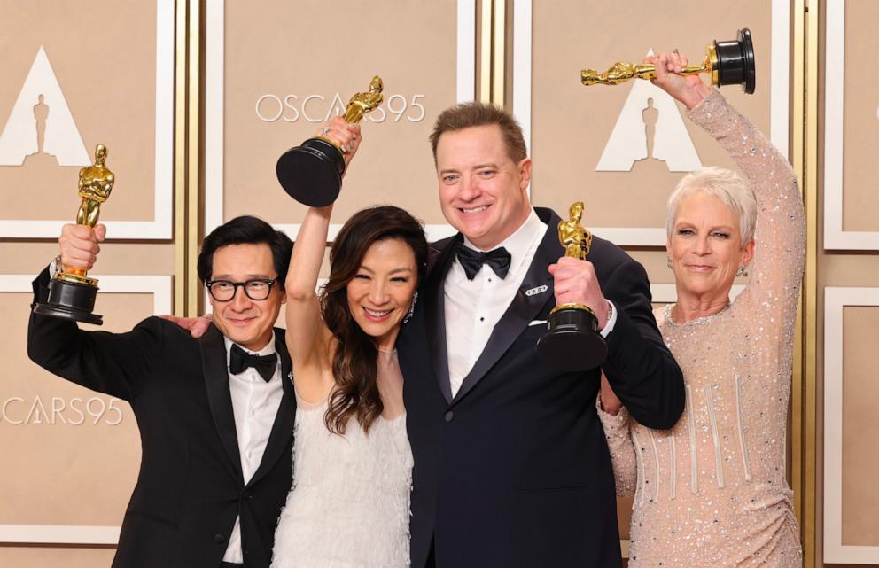 PHOTO: Ke Huy Quan, Michelle Yeoh, Brendan Fraser, and Jamie Lee Curtis pose in the press room during the 95th Annual Academy Awards at Ovation Hollywood on March 12, 2023 in Hollywood, Calif.