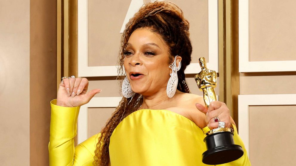 PHOTO: Ruth E. Carter, winner of the Best Costume Design award for "Black Panther: Wakanda Forever," poses in the press room at the 95th Annual Academy Awards Mar. 12, 2023 in Hollywood.