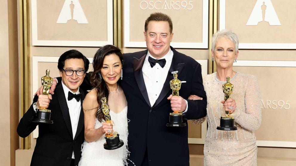 PHOTO: Brendan Fraser, Best Actor, Ke Huy Quan, Best Actor In A Supporting Role, Michelle Yeoh, Best Actress and Jamie Lee Curtis, Best Supporting Actress at the 95th Annual Academy Awards, Mar. 12, 2023 in Hollywood.