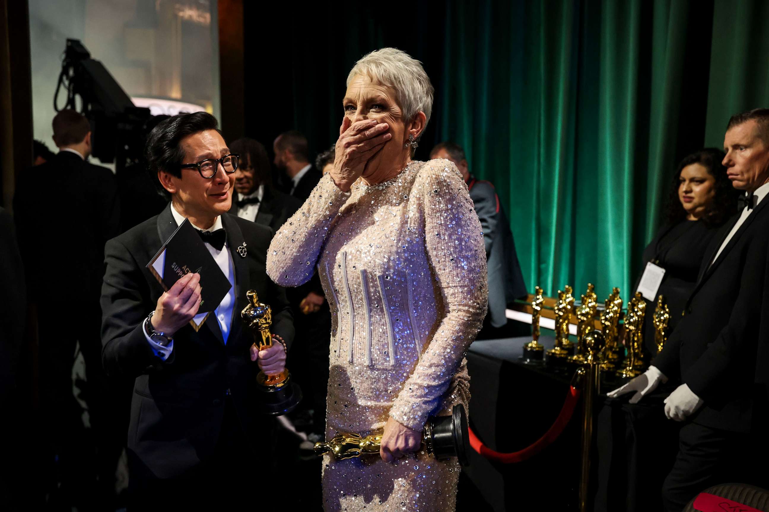 PHOTO: Jamie Lee Curtis, winner of Best Supporting Actress and Ke Huy Quan, winner of Best Actor In A Supporting Role award both for their roles in "Everything Everywhere All At Once, backstage at the 95th Academy Awards, Mar. 12, 2023, in Hollywood.