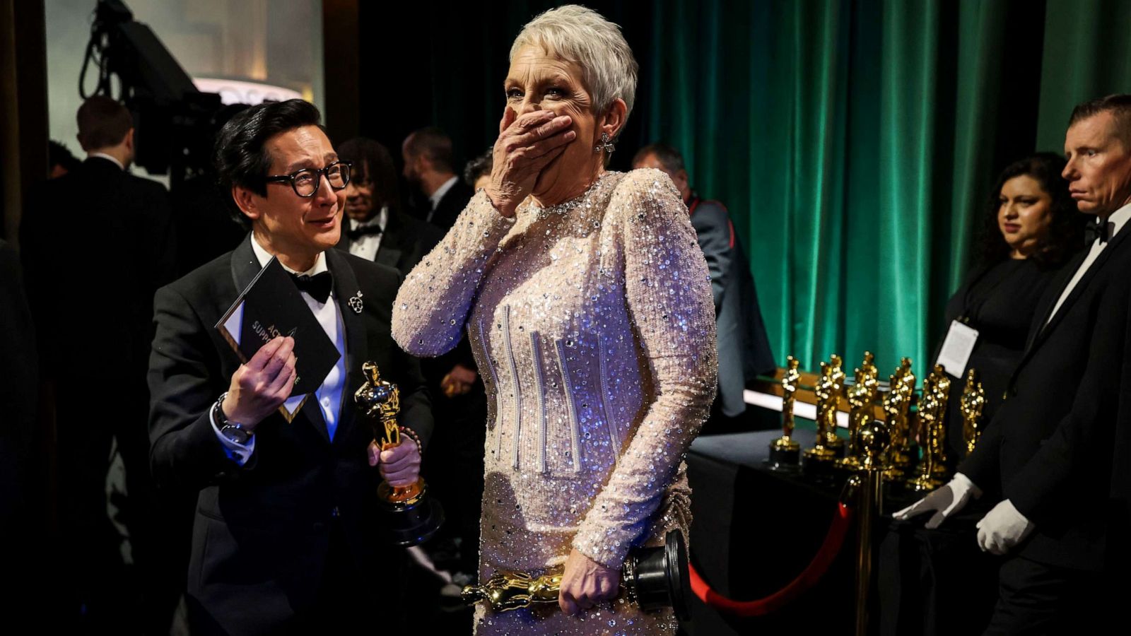 PHOTO: Jamie Lee Curtis, winner of Best Supporting Actress and Ke Huy Quan, winner of Best Actor In A Supporting Role award both for their roles in "Everything Everywhere All At Once, backstage at the 95th Academy Awards, Mar. 12, 2023, in Hollywood.