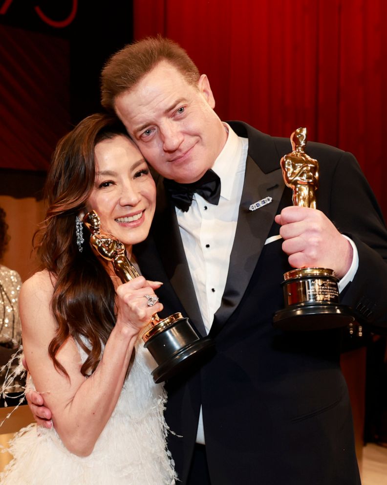 PHOTO: Michelle Yeoh, winner of the Best Actress in a Leading Role award for "Everything Everywhere All At Once," and Brendan Fraser, winner of the Best Actor in a Leading Role award for "The Whale", attend the Governors Ball, Mar. 12, 2023, in Hollywood.